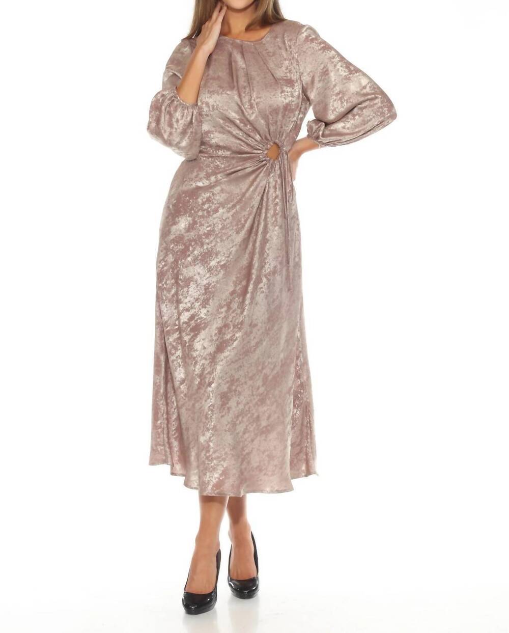 NEW JOSEPH RIBKOFF metallic cutout detail puff sleeve maxi dress in beige/gold